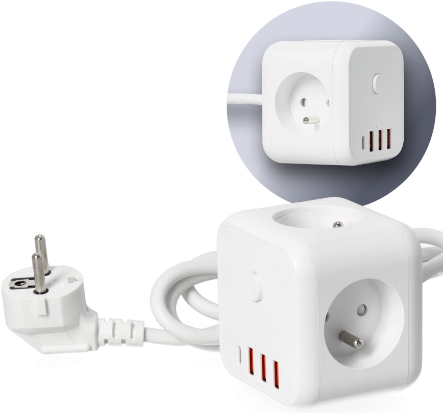 Подовжувач куб з вимикачем LINEA 3x230V + 4xUSB A/C білий