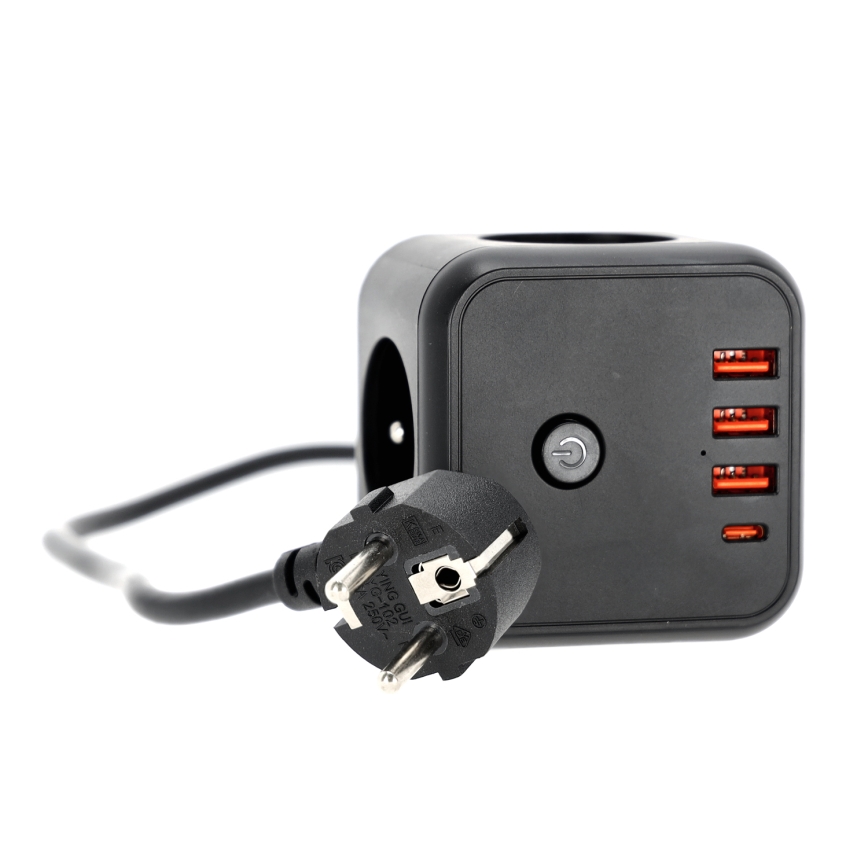 Подовжувач куб з вимикачем LINEA 3x230V + 4xUSB A/C чорний