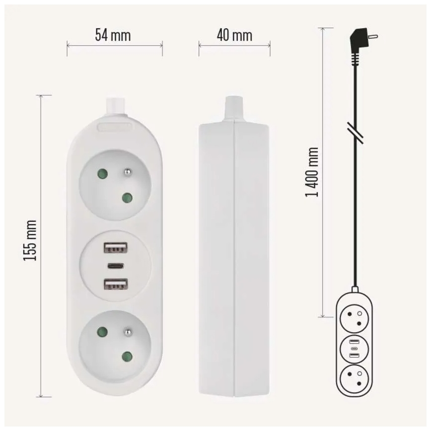 Подовжувач 2 розетки + 2x USB-A + USB-C 1,4 м