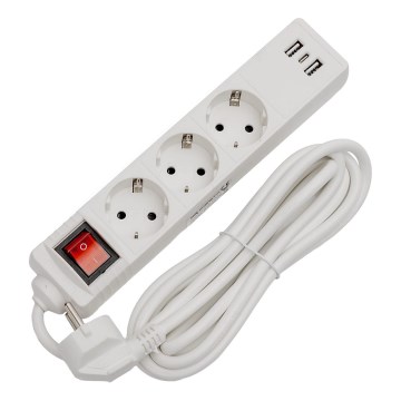 Подовжувач із вимикачем 3 розетки+2xUSB-A+1xUSB-C 3 м SCHUKO білий