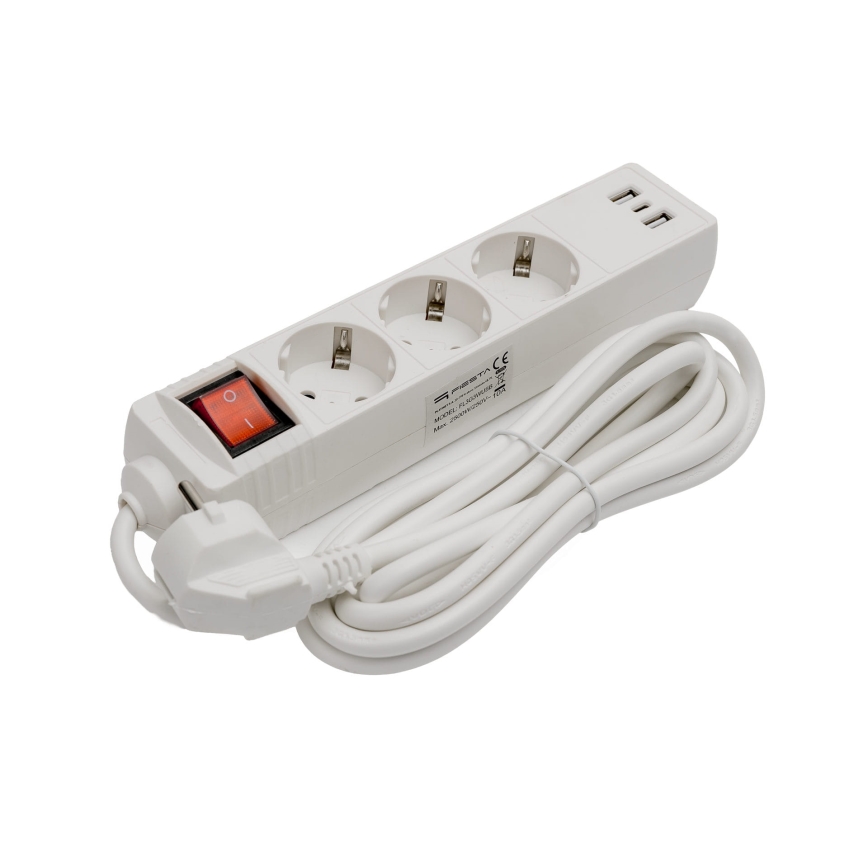 Подовжувач із вимикачем 3 розетки+2xUSB-A+1xUSB-C 3 м SCHUKO білий