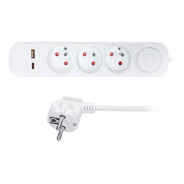 Подовжувач із вимикачем, 3 розетки та USB‑заряджання A+C, 5 м