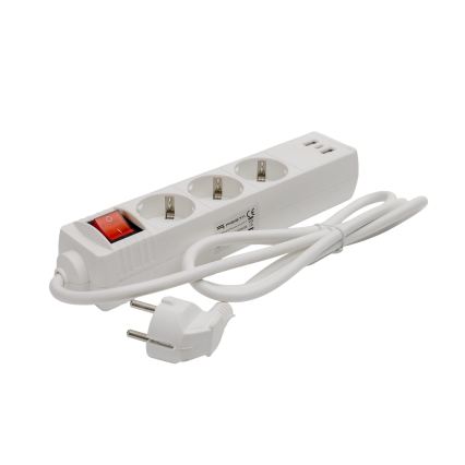 Подовжувач із вимикачем — 3 заземлені розетки + 2× USB-A + 1× USB-C, 1,5 м, SCHUKO, білий