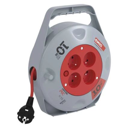 Подовжувач на котушці з 4 розетками, 10 м, сірий/червоний