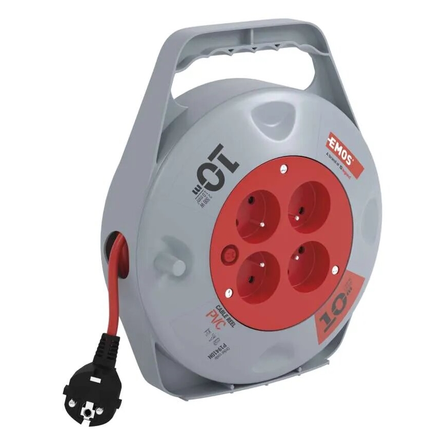 Подовжувач на котушці з 4 розетками, 10 м, сірий/червоний