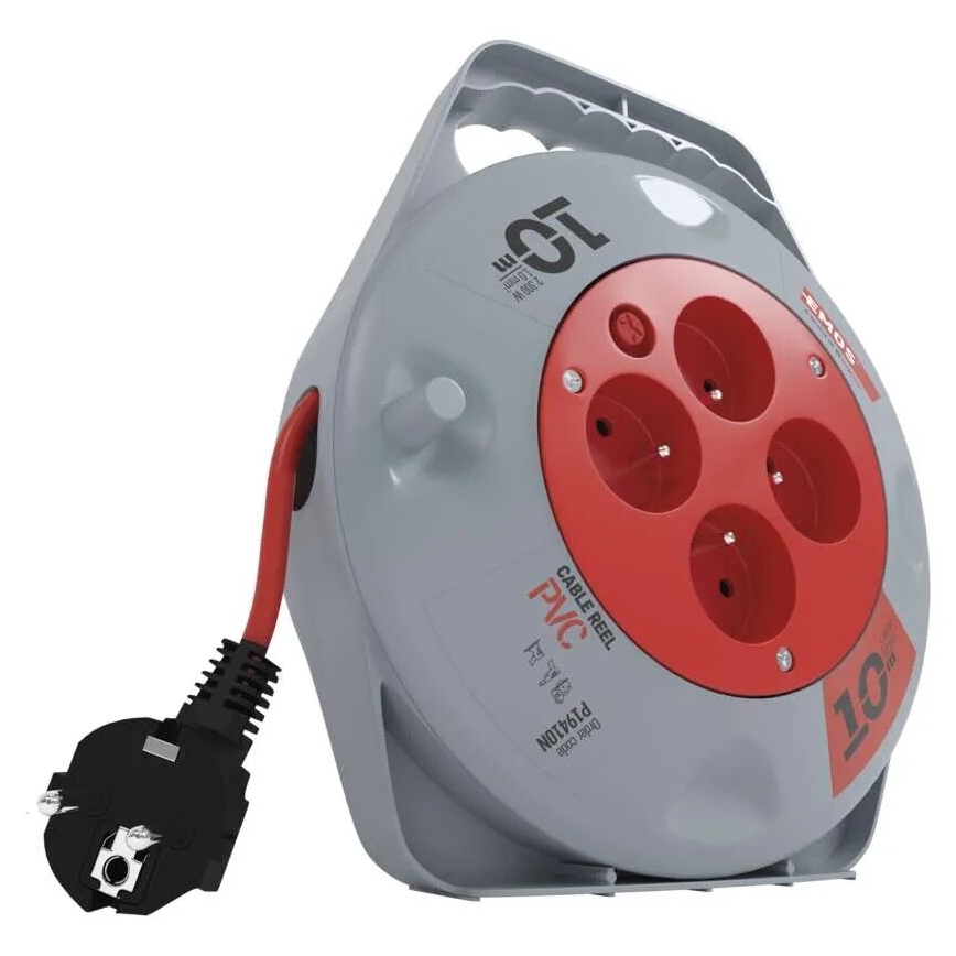 Подовжувач на котушці з 4 розетками, 10 м, сірий/червоний