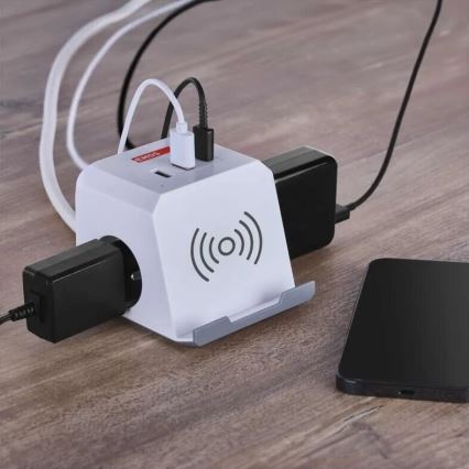 Подовжувач з бездротовою зарядкою QI 2Z +2xUSB-A+1xUSB-C 2м білий