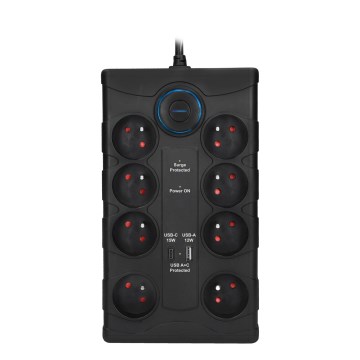 Подовжувач з вимикачем та захистом від перенапруги, 8 розеток, типу E + 1x USB-A + 1x USB-C, 2 м, чорний