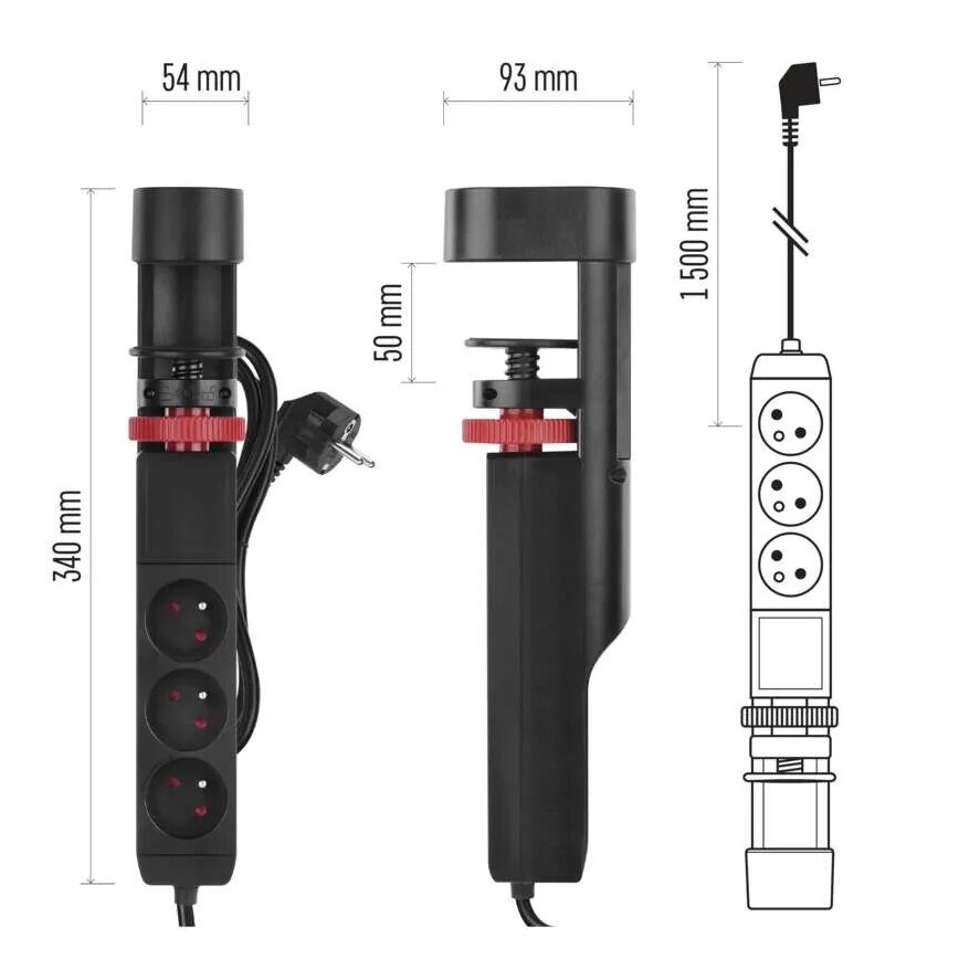 Подовжувач з кріпленням до столу 3 розетки + 3xUSB 1,5 м чорний