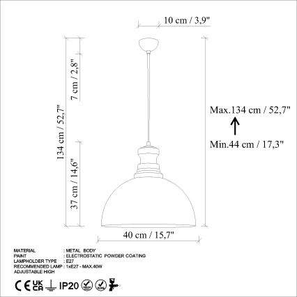 Подвесная люстра KURE 1xE27/40W/230V диаметр 40 см серый