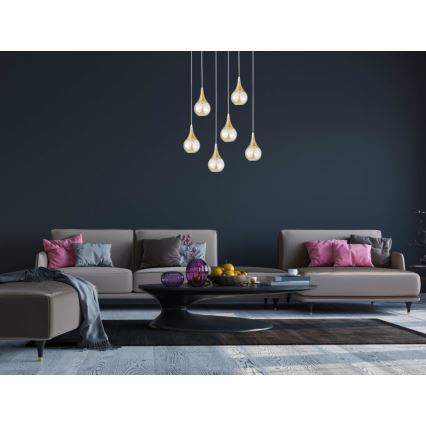 Подвесная люстра LACRIMA HONEY 6xE27/60W/230V белый/золотистый/дымчатый бежевый