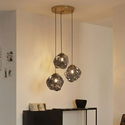 Подвесная люстра на тросе CRISTAL 3xE14/15W/230V, латунь/дымчато-чёрная