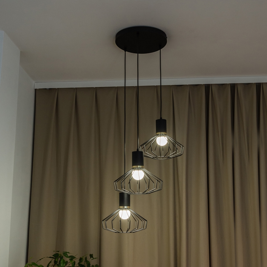 Подвесная люстра на тросе SOLANO 3xE27/15W/230V чёрная/золотая