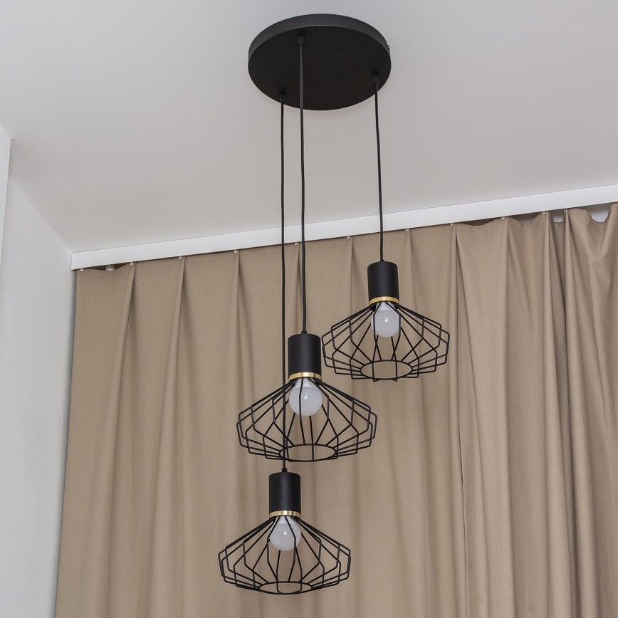 Подвесная люстра на тросе SOLANO 3xE27/15W/230V чёрная/золотая