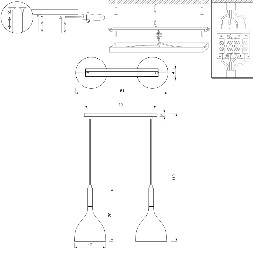 Подвесная люстра NOAK 2xE27/15W/230V черный/блестящий хром