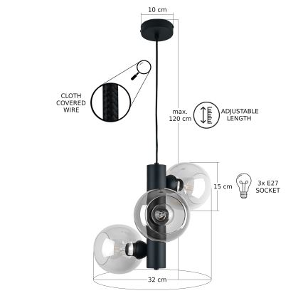 Подвесная люстра TUBE 3xE27/60W/230V черный/прозрачный