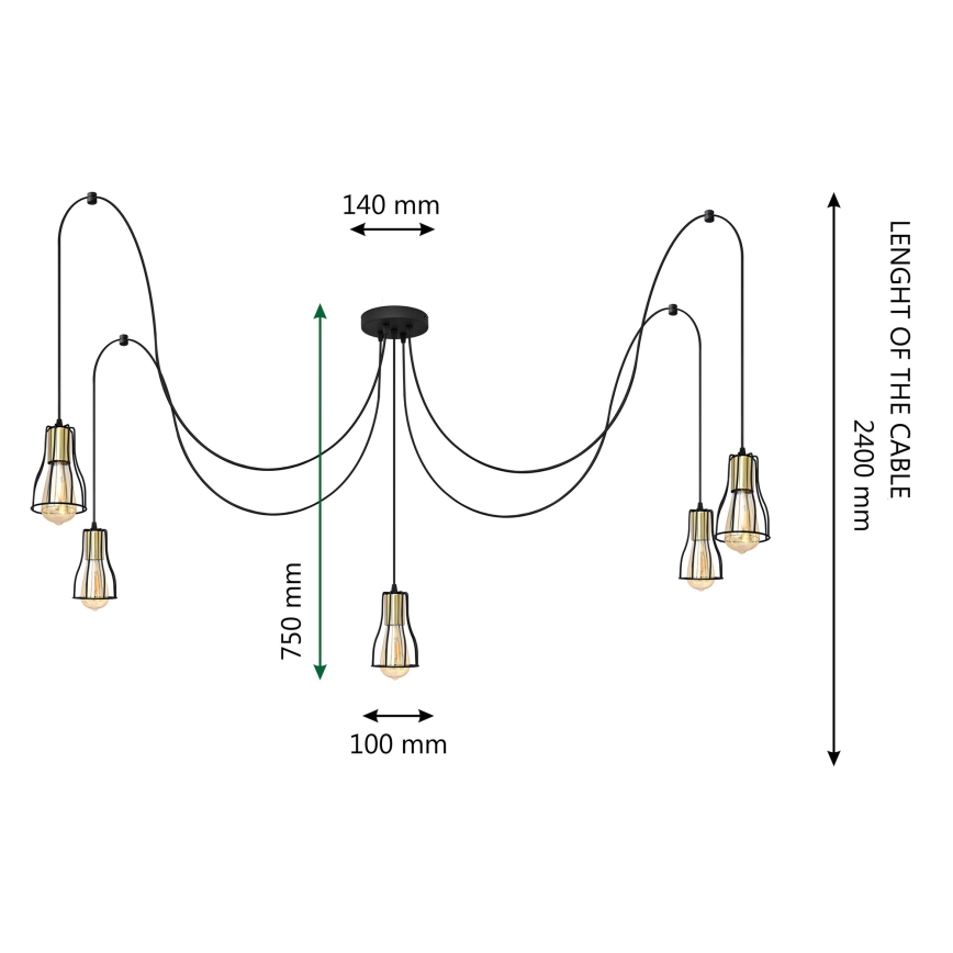 Подвесная люстра TUBE LONG 5xE27/15W/230V черный/золотистый