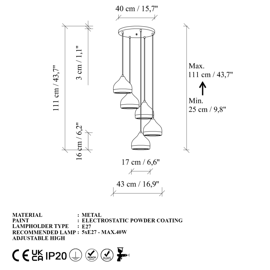 Подвесная люстра YILDO 5xE27/40W/230V белый/золотистый