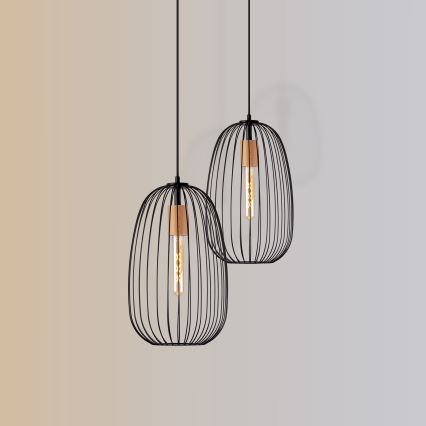 Подвесной светильник на тросе OVELLA 1xE27/15W/230V, диаметр 25 см, черный/сосна