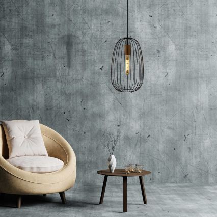 Подвесной светильник на тросе OVELLA 1xE27/15W/230V, диаметр 25 см, черный/сосна