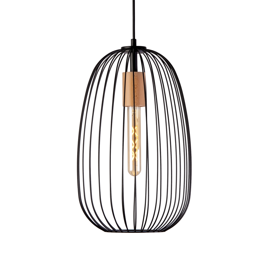 Подвесной светильник на тросе OVELLA 1xE27/15W/230V, диаметр 25 см, черный/сосна