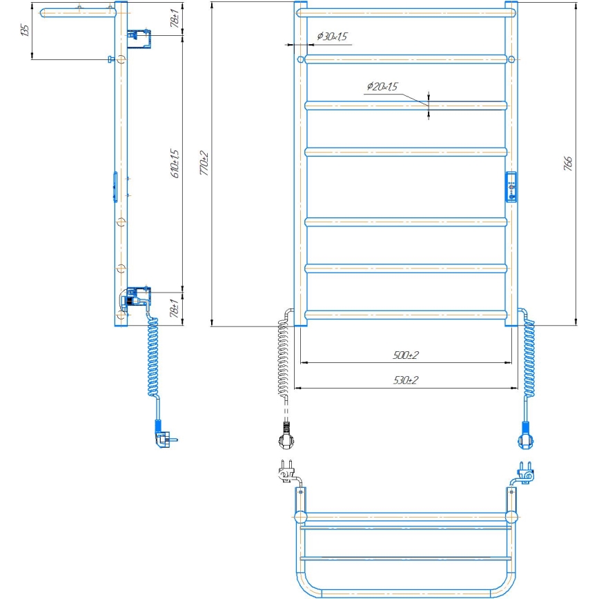 Полотенцесушарка для ванної HOME 95W/230V 77x53 см нержавіюча сталь/хром права