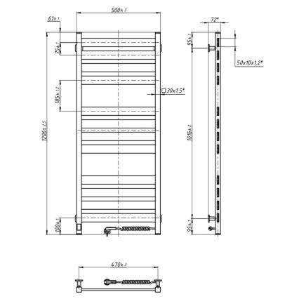 Полотенцесушитель-лесенка для ванной с термостатом LARGO 541W/230V, 120,6 см, IP44, чёрный, правосторонний, с квадратным профилем