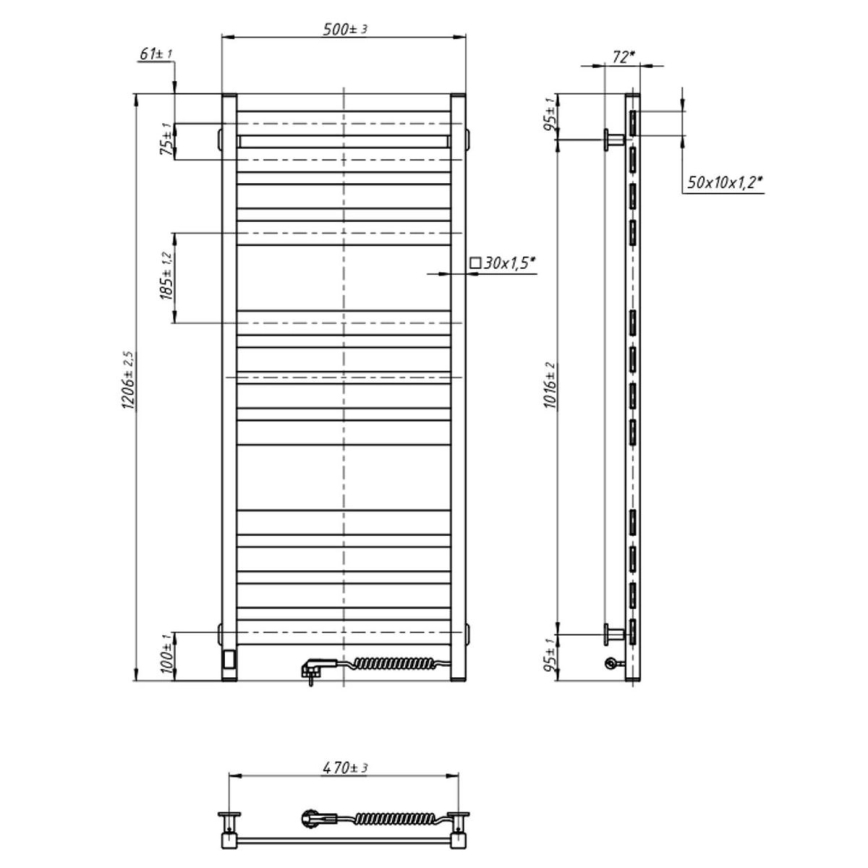 Полотенцесушитель-лесенка для ванной с термостатом LARGO 541W/230V, 120,6 см, IP44, чёрный, правосторонний, с квадратным профилем