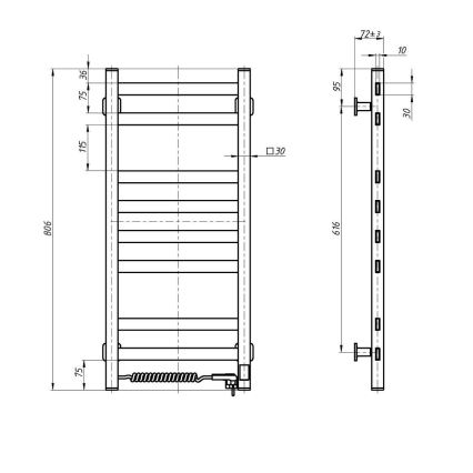 Полотенцесушитель-лестница для ванной с термостатом AVANGARD 251W/230V 80,6 см IP44, чёрный, левостороннее подключение, с квадратным профилем