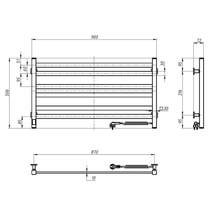 Полотенцесушитель-лесенка для ванной с термостатом AVANGARD 316W/230V 50,6 см IP44, черный, правый, с квадратным профилем