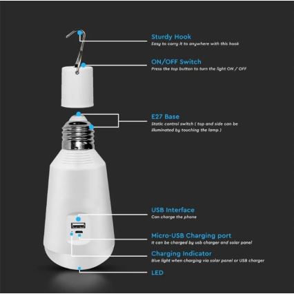 Портативна LED лампочка на сонячній батареї 3в1 LED/7W/230V 3000K/4000K/6400K + USB зарядка