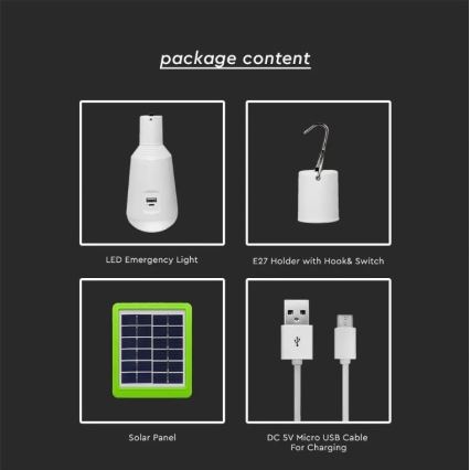 Портативна LED лампочка на сонячній батареї 3в1 LED/7W/230V 3000K/4000K/6400K + USB зарядка