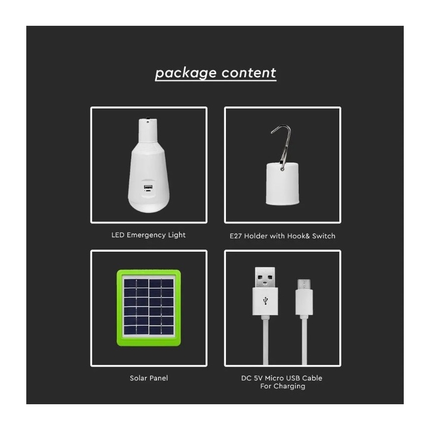 Портативна LED лампочка на сонячній батареї 3в1 LED/7W/230V 3000K/4000K/6400K + USB зарядка