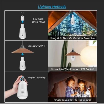 Портативна LED лампочка на сонячній батареї 3в1 LED/7W/230V 3000K/4000K/6400K + USB зарядка
