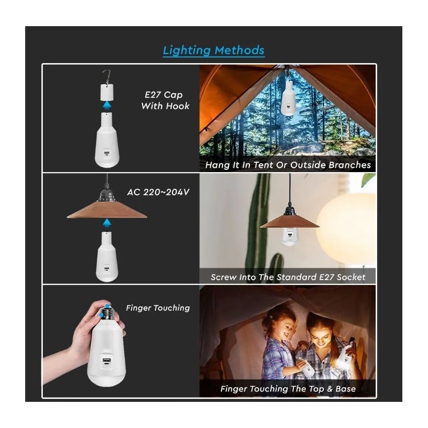 Портативна LED лампочка на сонячній батареї 3в1 LED/7W/230V 3000K/4000K/6400K + USB зарядка