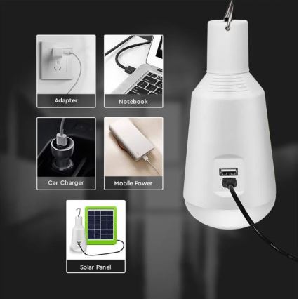 Портативна LED лампочка на сонячній батареї 3в1 LED/7W/230V 3000K/4000K/6400K + USB зарядка