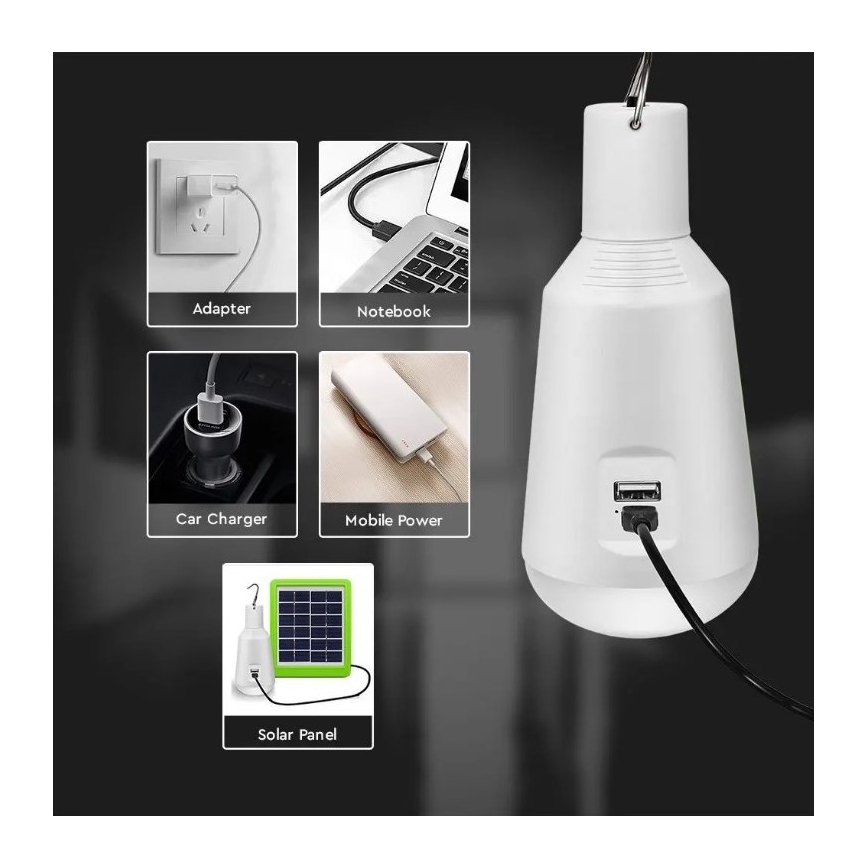 Портативна LED лампочка на сонячній батареї 3в1 LED/7W/230V 3000K/4000K/6400K + USB зарядка