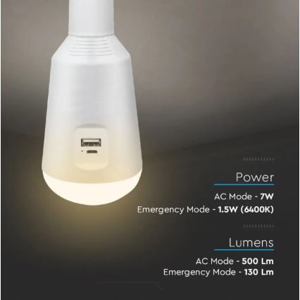 Портативна LED лампочка на сонячній батареї 3в1 LED/7W/230V 3000K/4000K/6400K + USB зарядка