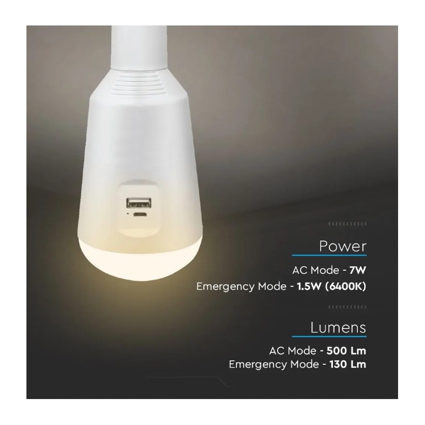 Портативна LED лампочка на сонячній батареї 3в1 LED/7W/230V 3000K/4000K/6400K + USB зарядка