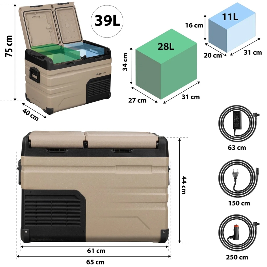 Портативний авторефрижератор з РК-дисплеєм 39 л 230V/12V/24V коричневий
