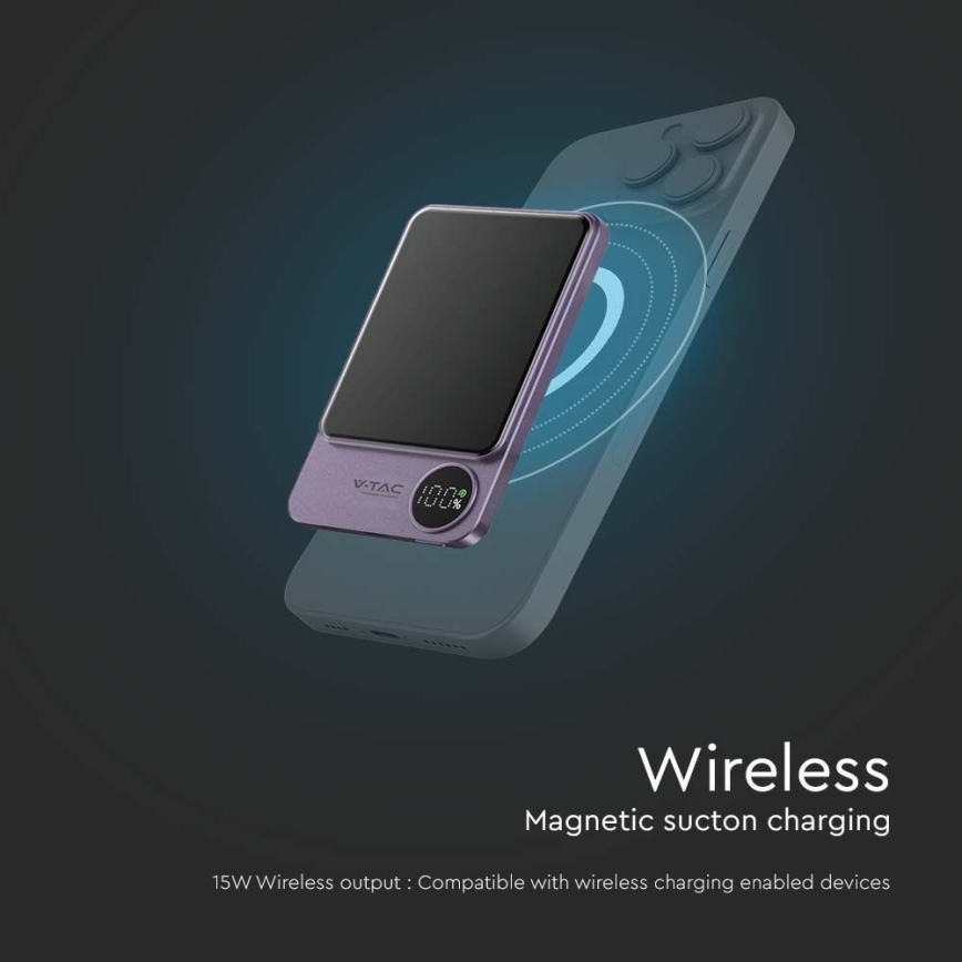 Повербанк з магнітним дисплеєм Power Delivery 5000mAh/20W/5V фіолетовий