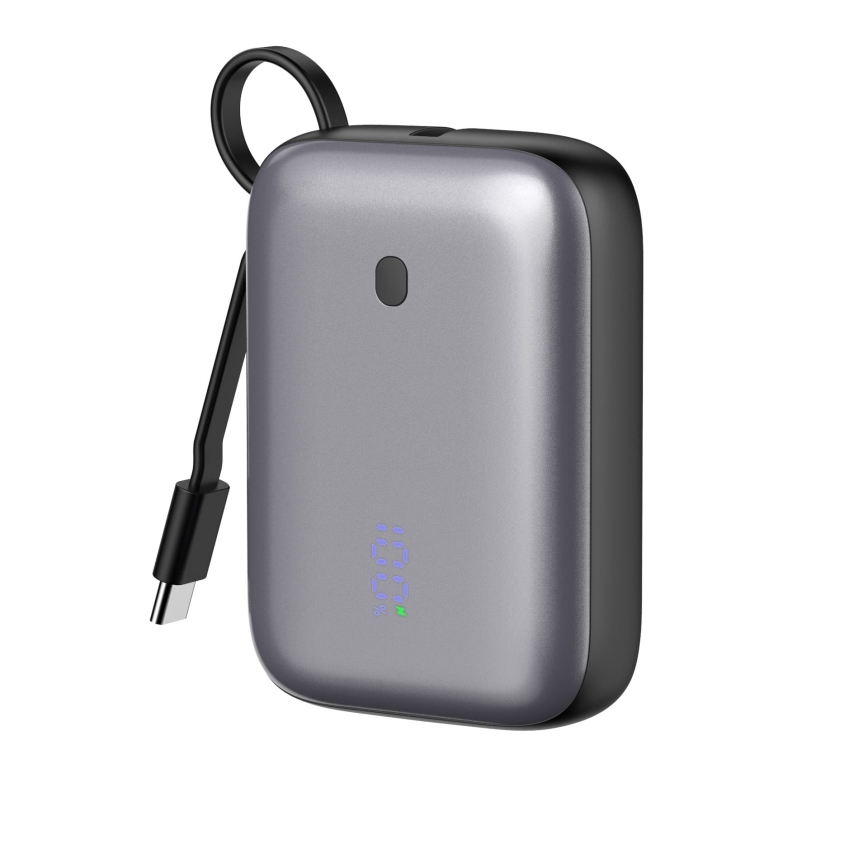 Портативний зарядний пристрій 10000 мАг 20 Вт Power Delivery компактний з вбудованим USB-C кабелем для намотування 1 м чорний