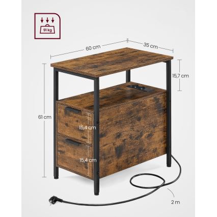 Приставний столик із вбудованими розетками та USB-портами ROD коричневий/чорний