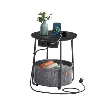 Приставной столик NOIRA 45 см с встроенными розетками и USB-портами, серый/чёрный