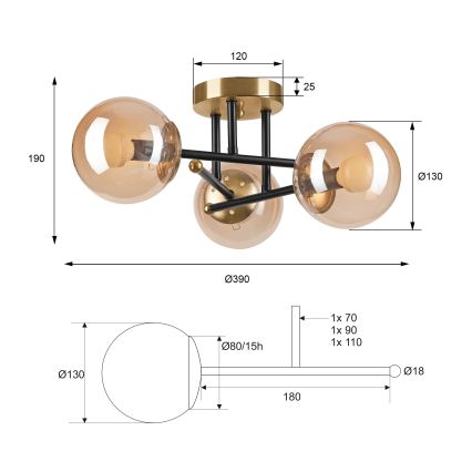 Пристельова люстра MALENA 3xE14/5W/230V золотий/чорний/димчастий бежевий