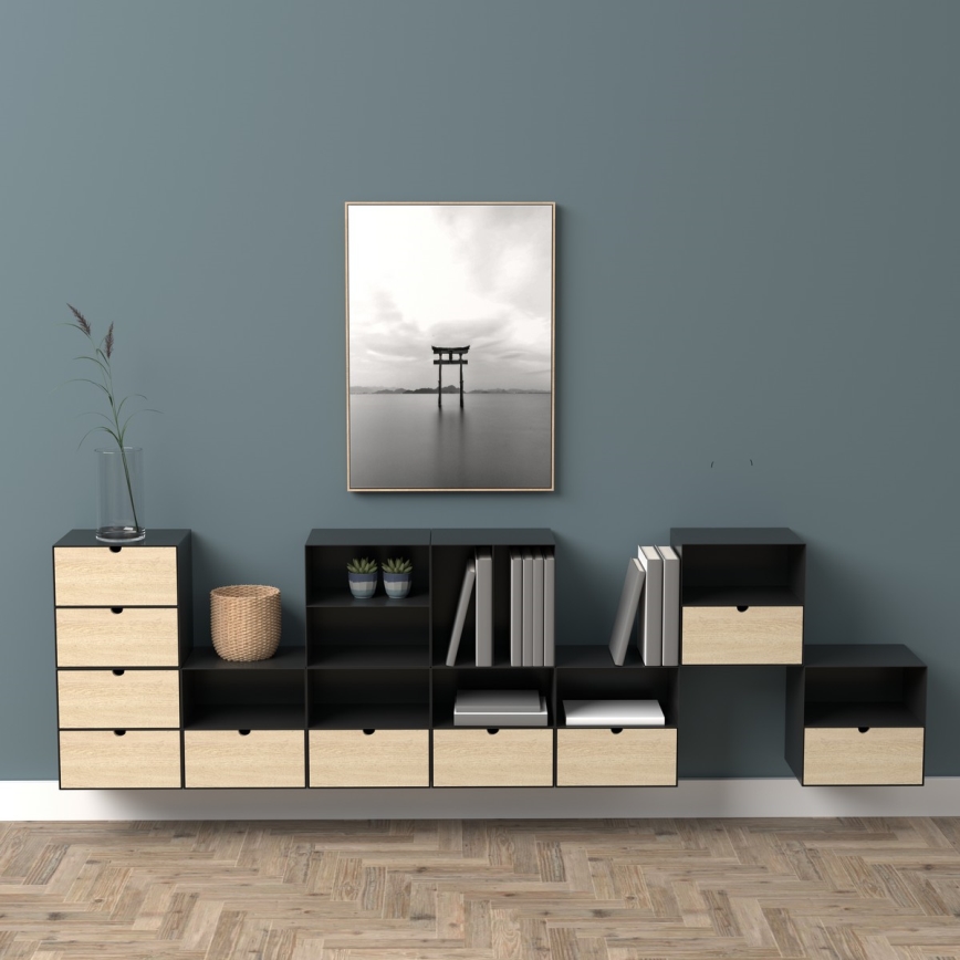 Прикроватная тумбочка BEKIM с возможностью настенного крепления, черная/бамбук