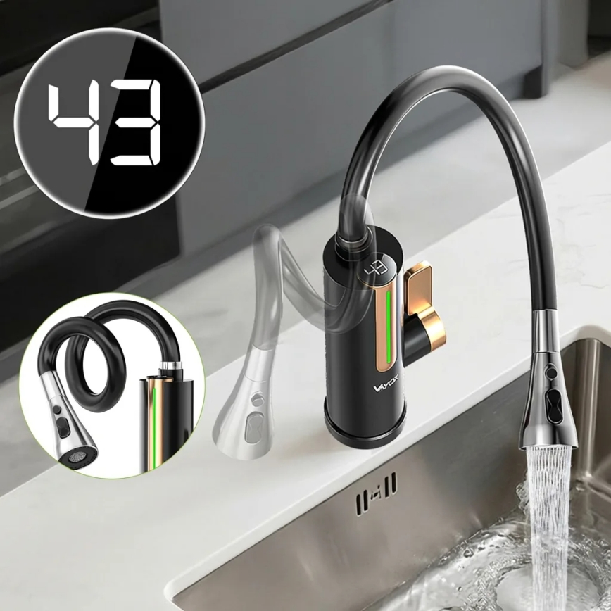 Проточний водонагрівач з LED-дисплеєм 3000 Вт/230 В IPX4, чорний