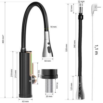 Проточний водонагрівач з LED-дисплеєм 3000 Вт/230 В IPX4, чорний