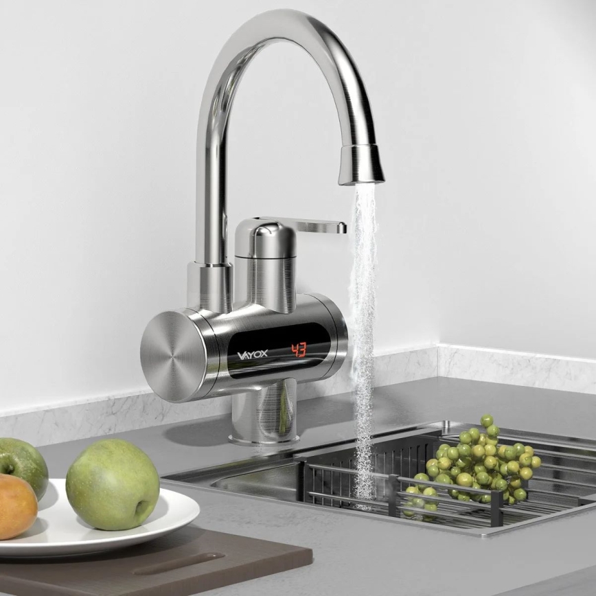 Проточний водонагрівач з LED дисплеєм 3000W/230V IPX4 нержавіюча сталь