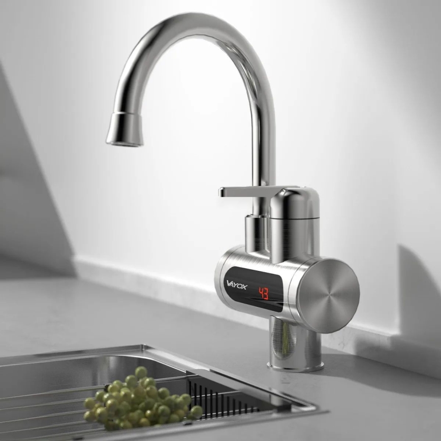 Проточний водонагрівач з LED дисплеєм 3000W/230V IPX4 нержавіюча сталь